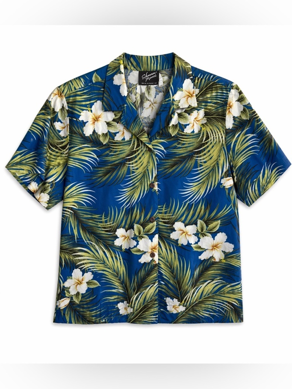 Shannon Marie Made in Hawaii Vintage Blue Palm Flower Shirt XL